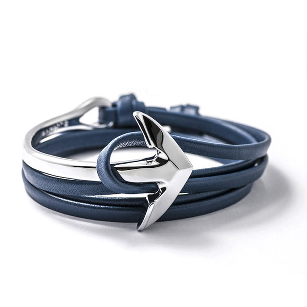 Silver Anchor Half-cuff On Blue Leather Bracelet | BIJOUONE