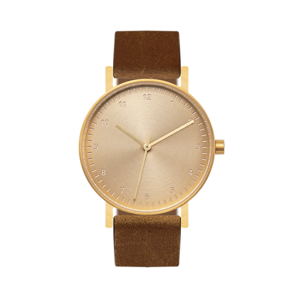 B60 Watch, Gold Case, Gold Dial, Leather Strap - Brown Suede