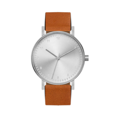 BIJOUONE B60 Watch, Silver Case, silver Dial, Leather Strap - Tan