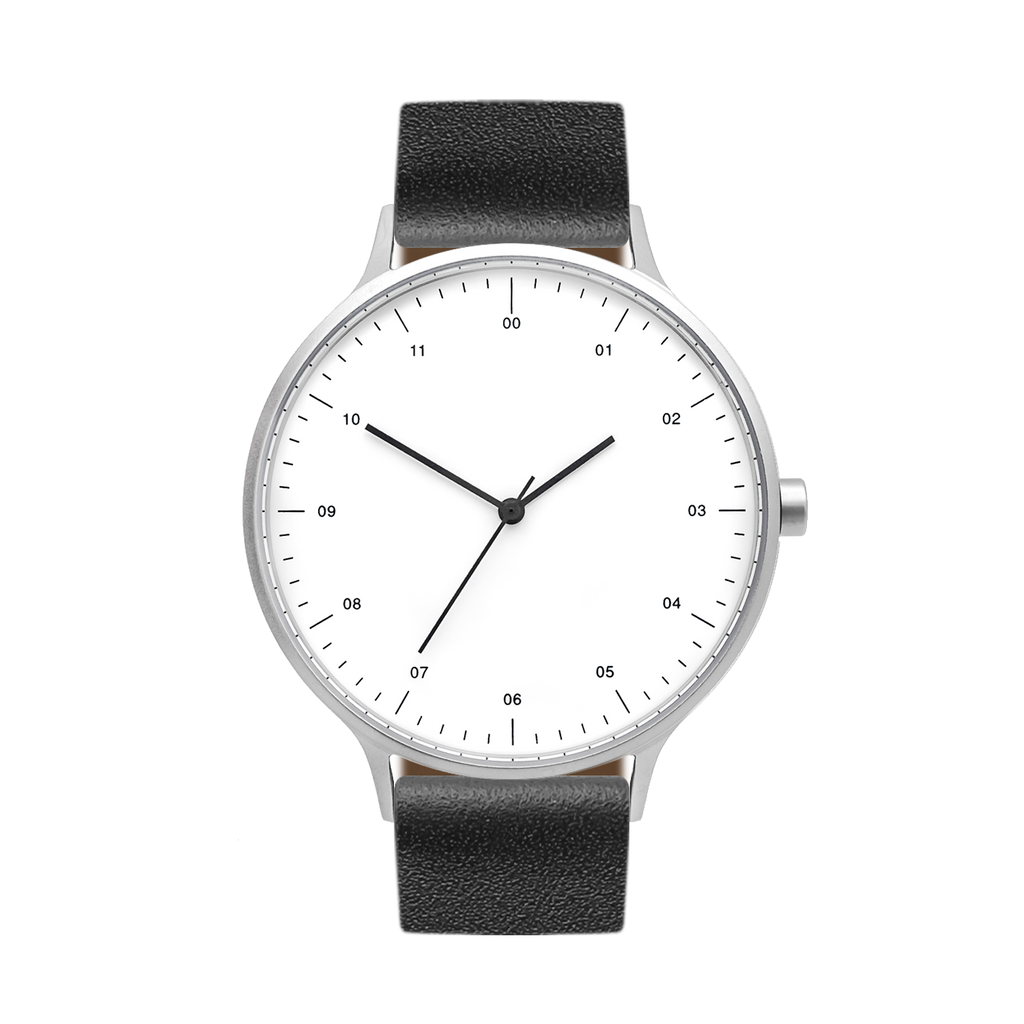 B302 Watch, Silver Case, White Dial, Leather Strap - Black - BIJOUONE