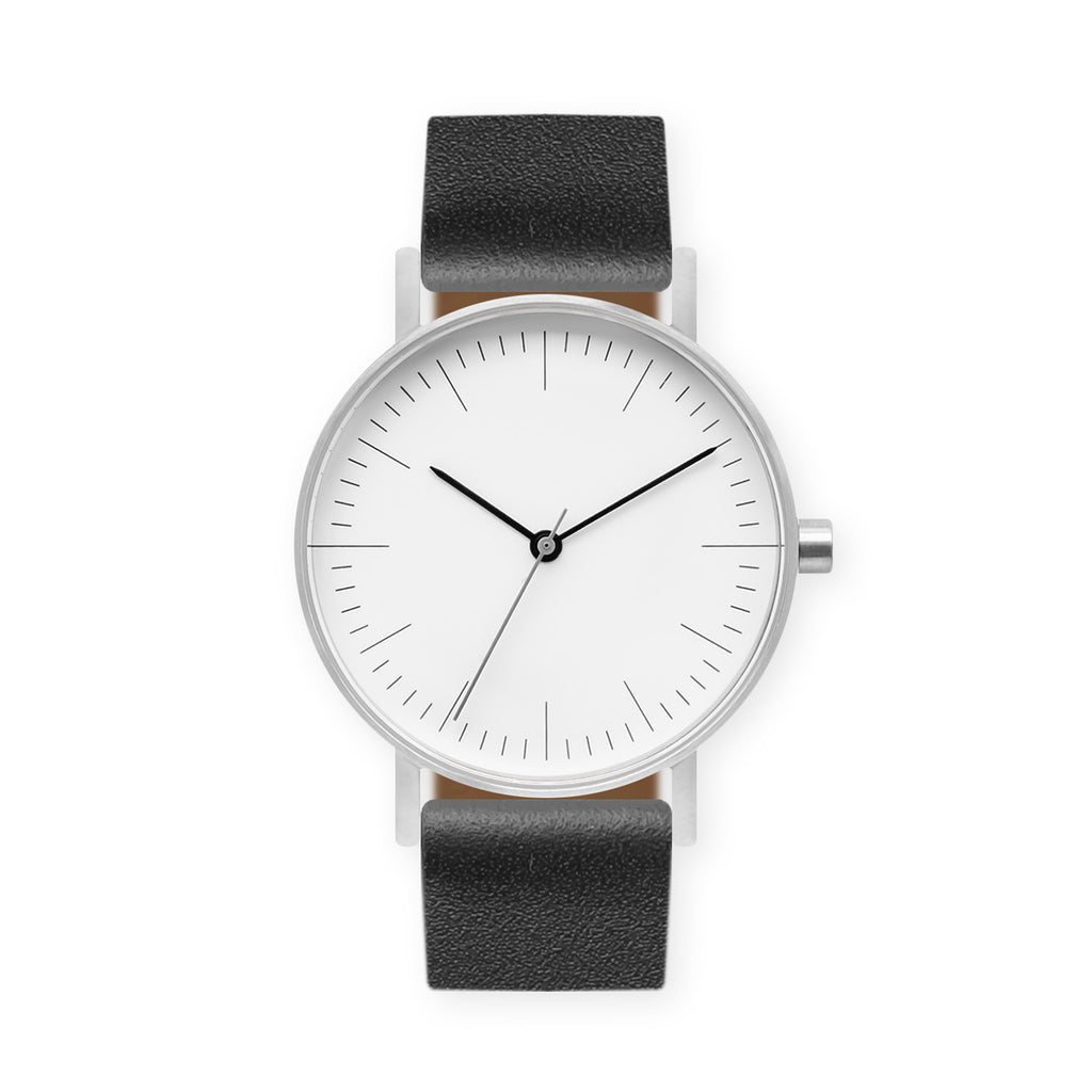 B001 Watch, Silver Case, White Dial, Leather Strap - Black