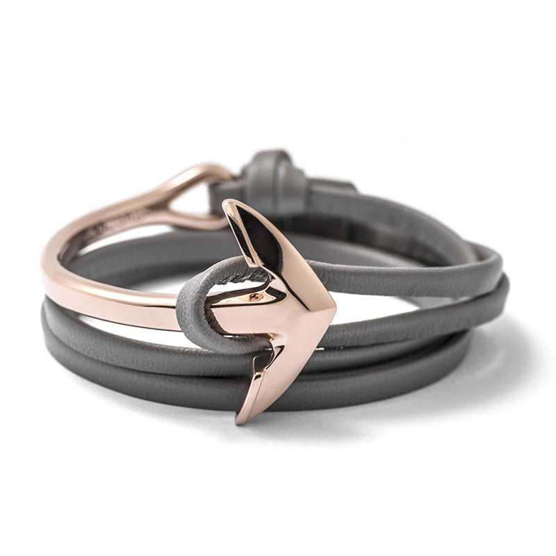 Rose Gold Anchor Half-cuff On Gray Leather Bracelet