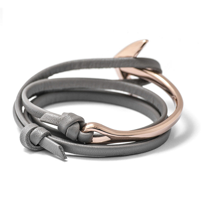 Rose Gold Anchor Half Cuff On Gray Leather Bracelet Bijouone