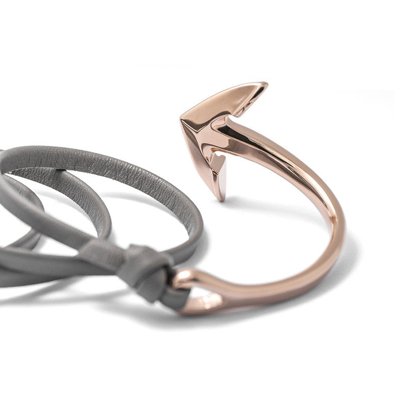 Rose Gold Anchor Half Cuff On Gray Leather Bracelet Bijouone